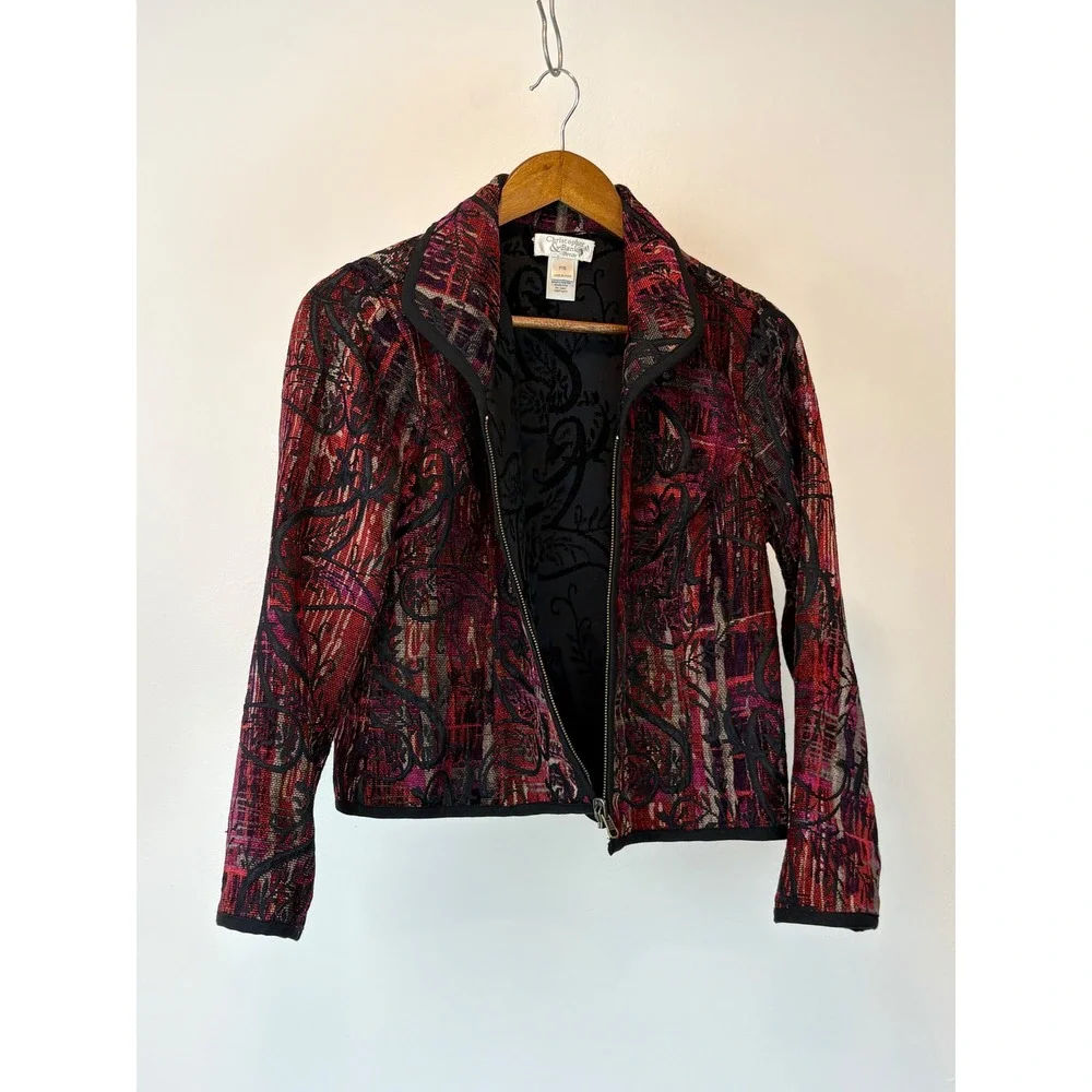 Christopher & Banks Jacket Womens PS Red Paisley Tapestry Zip Up Petite Boho